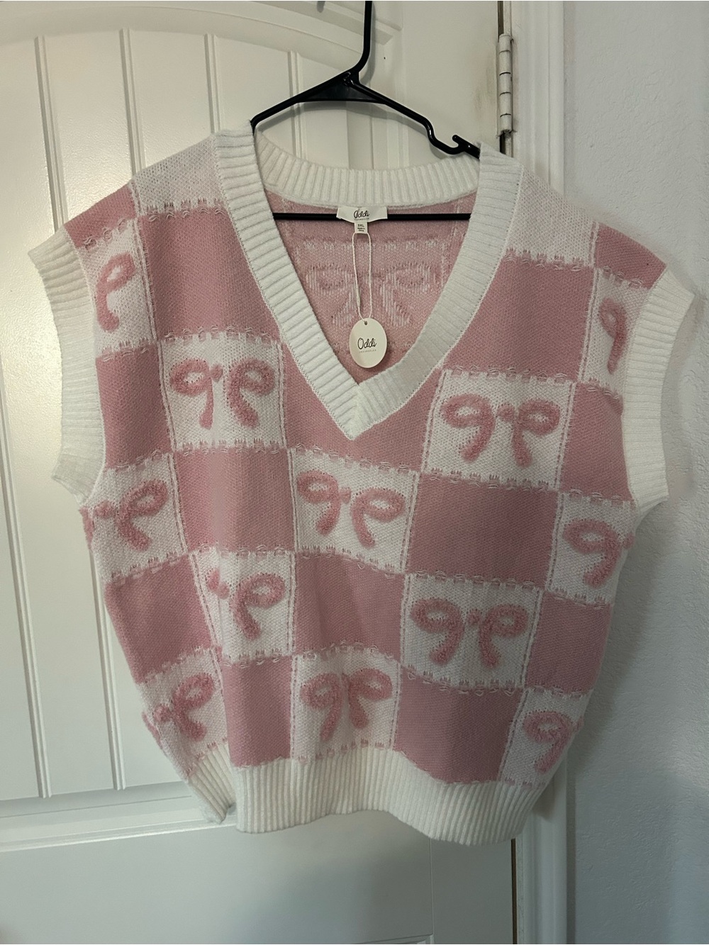 Odedi Pink & White Checker V-Neck Sweater Vest with pink bows